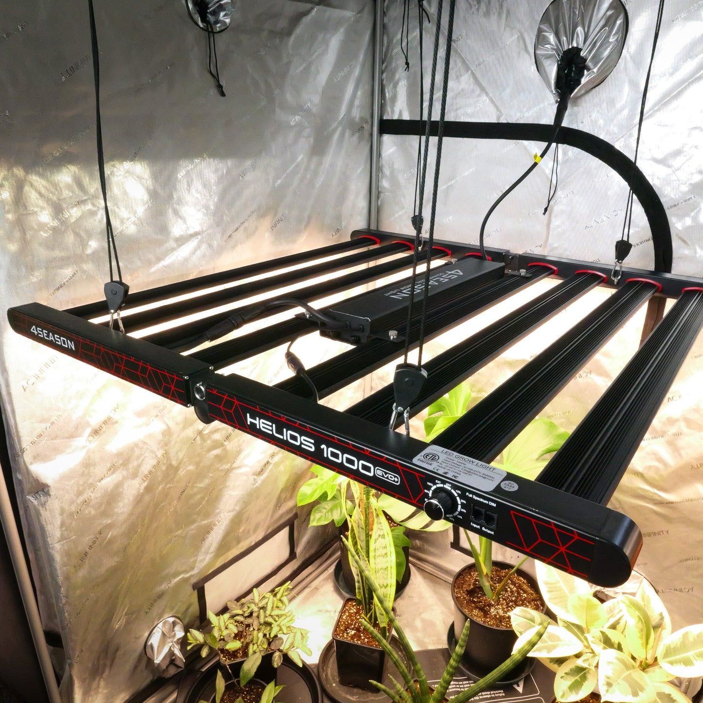 4season helios 1000w led grow light hanging in tent