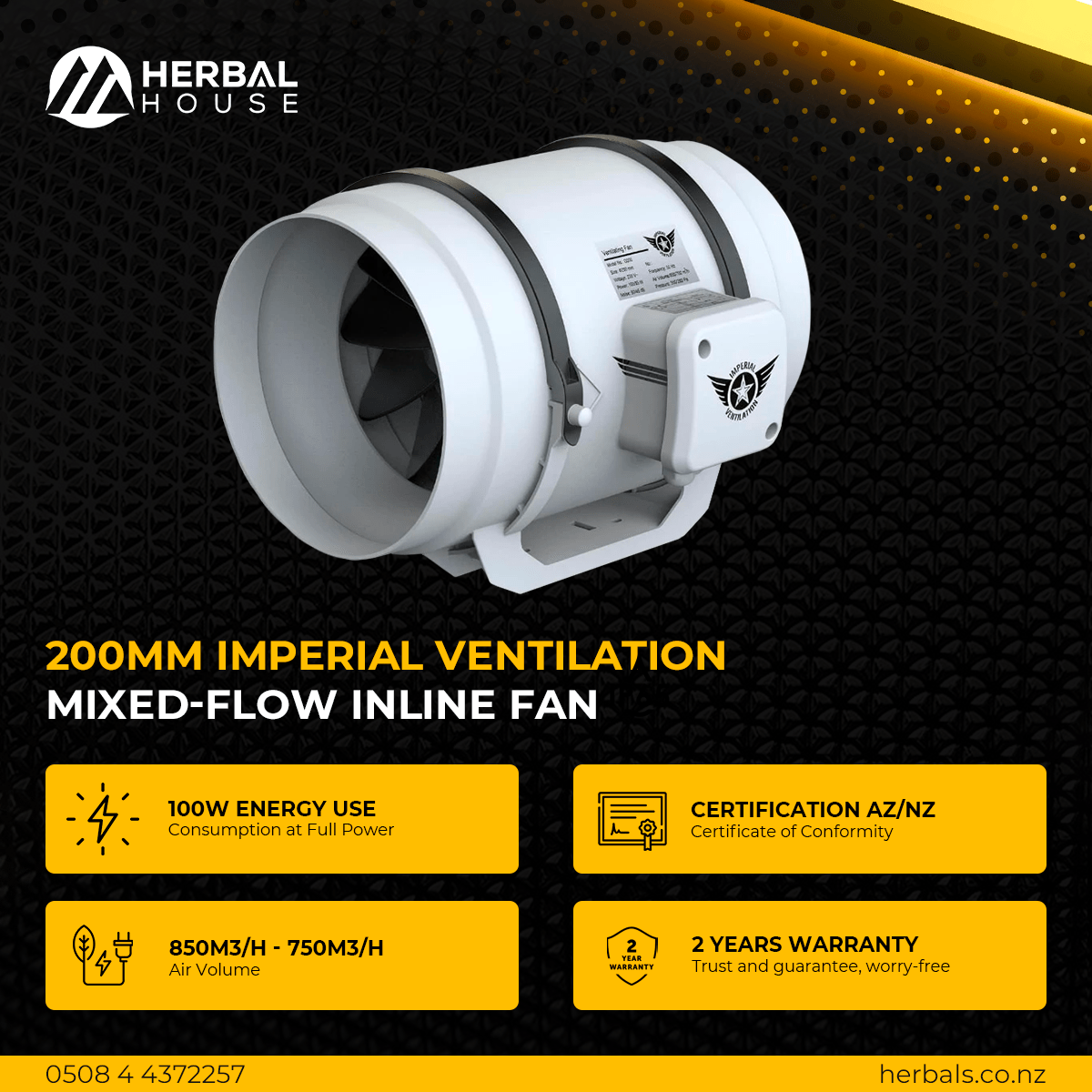200mm Imperial Ventilation Mixed-Flow Inline Fan specs
