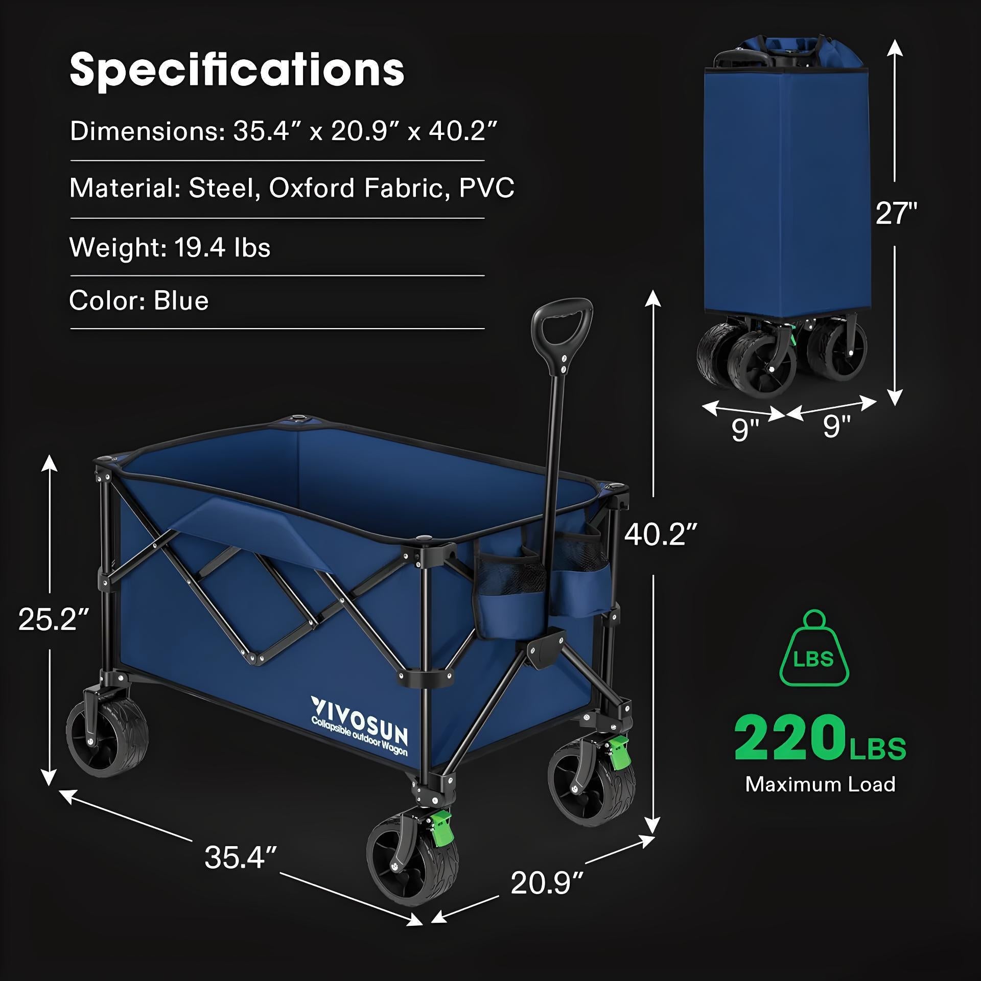 VIVOSUN Folding Collapsible Wagon Beach Cart - Blue