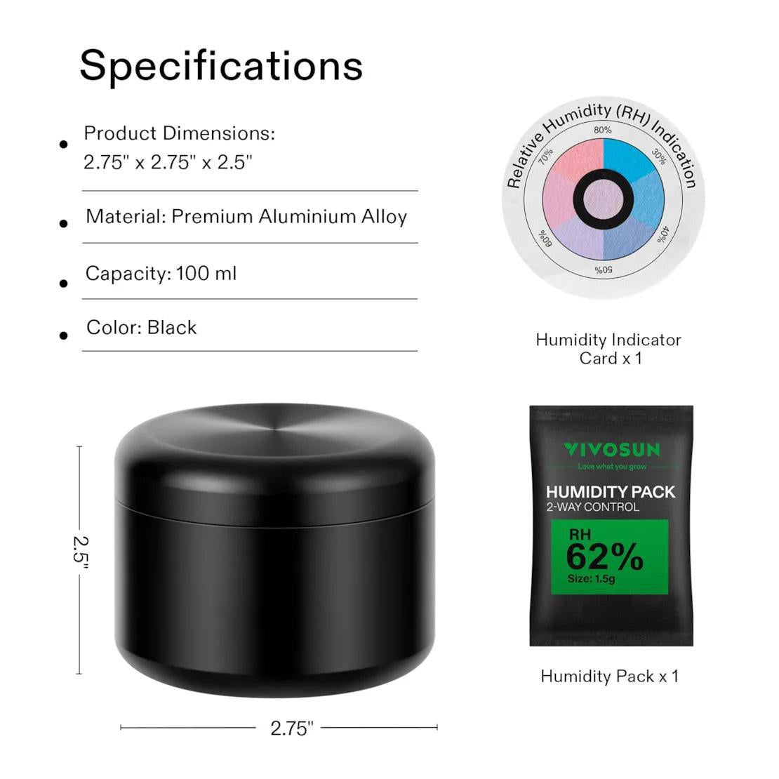VIVOSUN Storage Jar with Humidity Pack and Humidity Indicator Card, 100ML
