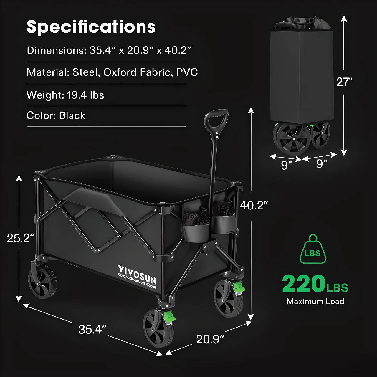 VIVOSUN Folding Collapsible Wagon Beach Cart - Black