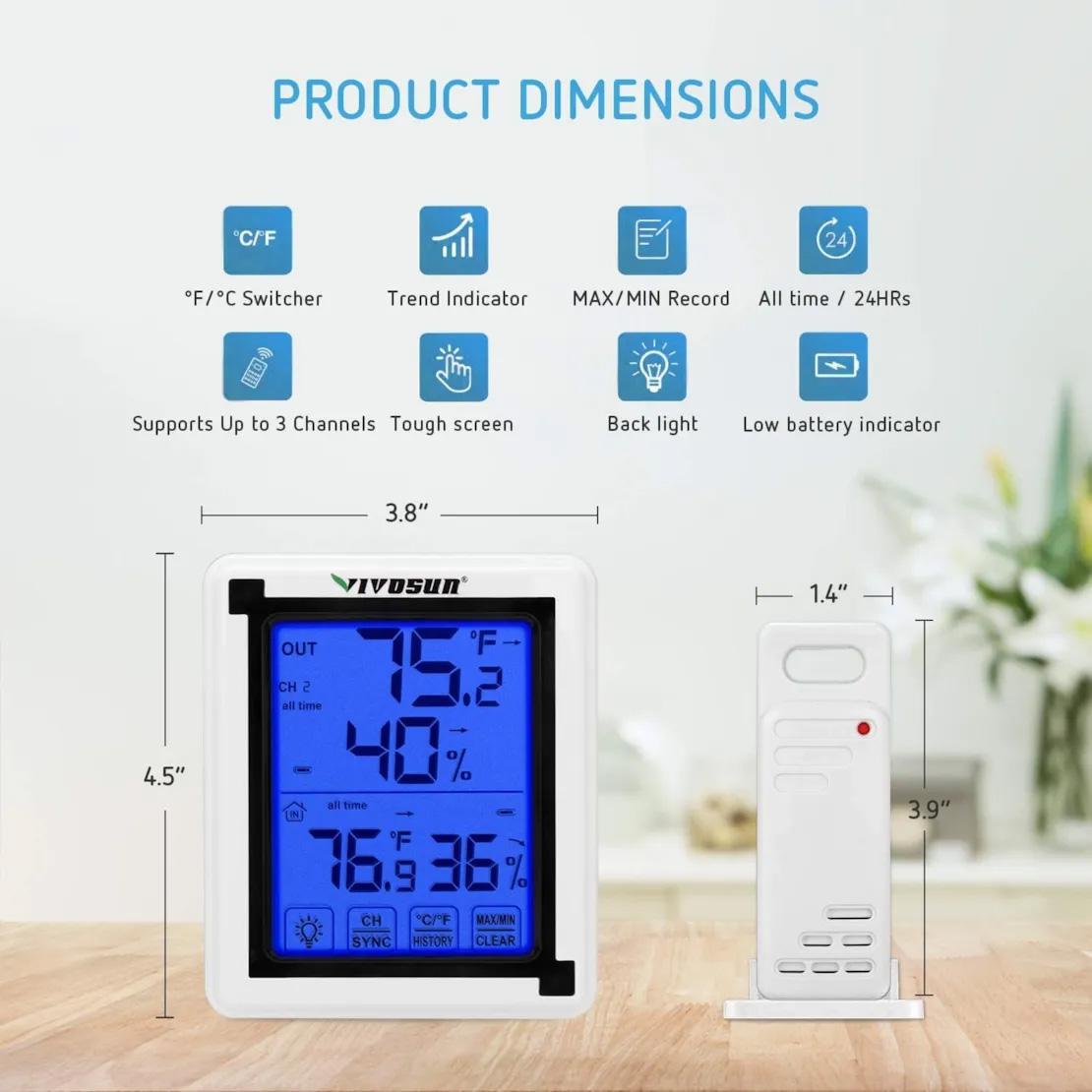 VIVOSUN Wireless Thermometer and Hygrometer with 3 Remote Sensors